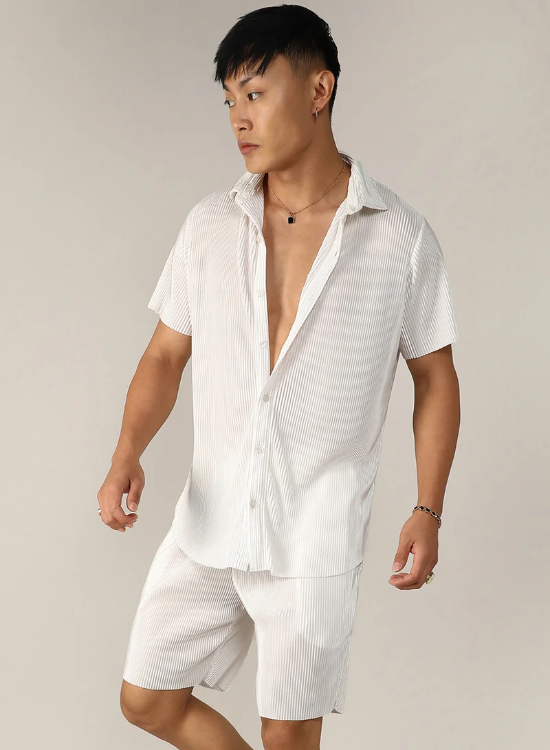 CAHOOT  Men's Chalk White Pleated Co-Ord Set For Casual Wear | Spread Collar | Short Sleeve | Button Closure | Co-Ords Crafted With Comfort Fit For Everyday Wear for Men | Best Price UAE